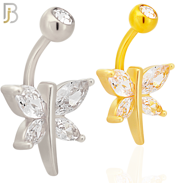 NB70 -  316L Stainless Steel Banana Belly Ring with Dragon Fly Design Cubic Zirconia image 0