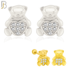 925-ES372 - Screw Ball Back - .925 Sterling Silver Bear with Pave Heart Shaped Center Stud Earrings image 0