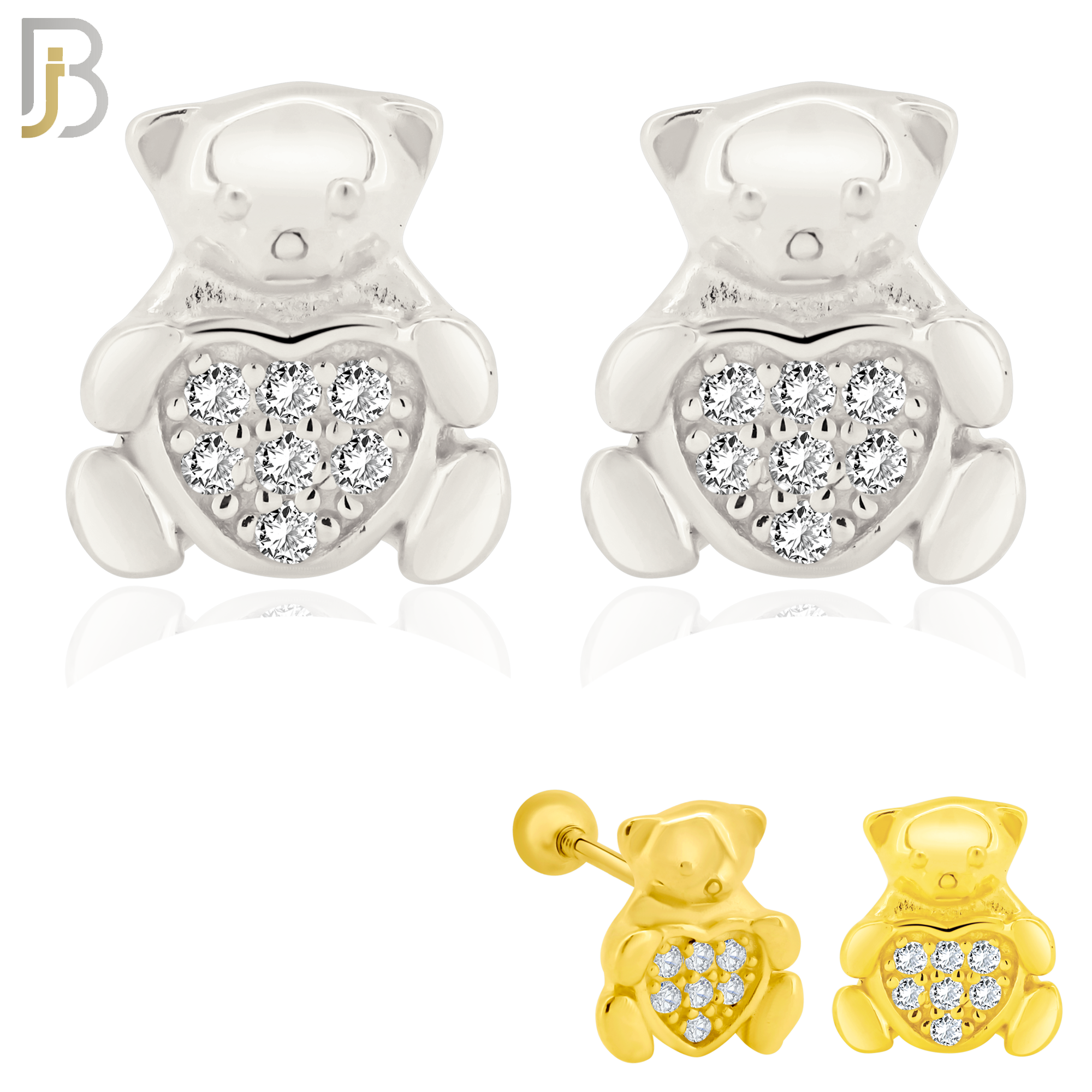 925-ES372 - Screw Ball Back - .925 Sterling Silver Bear with Pave Heart Shaped Center Stud Earrings image 0