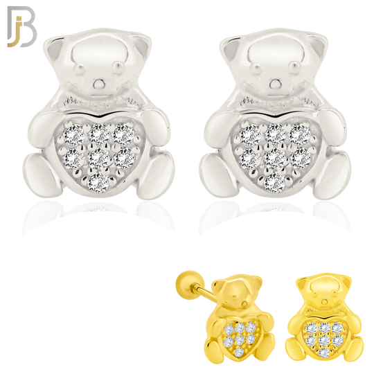925-ES372 - Screw Ball Back - .925 Sterling Silver Bear with Pave Heart Shaped Center Stud Earrings image 0