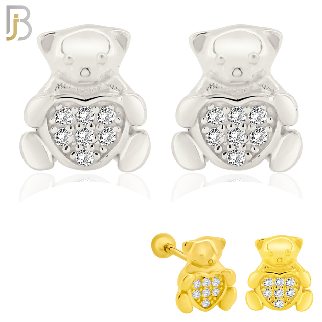 925-ES372 - Screw Ball Back - .925 Sterling Silver Bear with Pave Heart Shaped Center Stud Earrings image 0