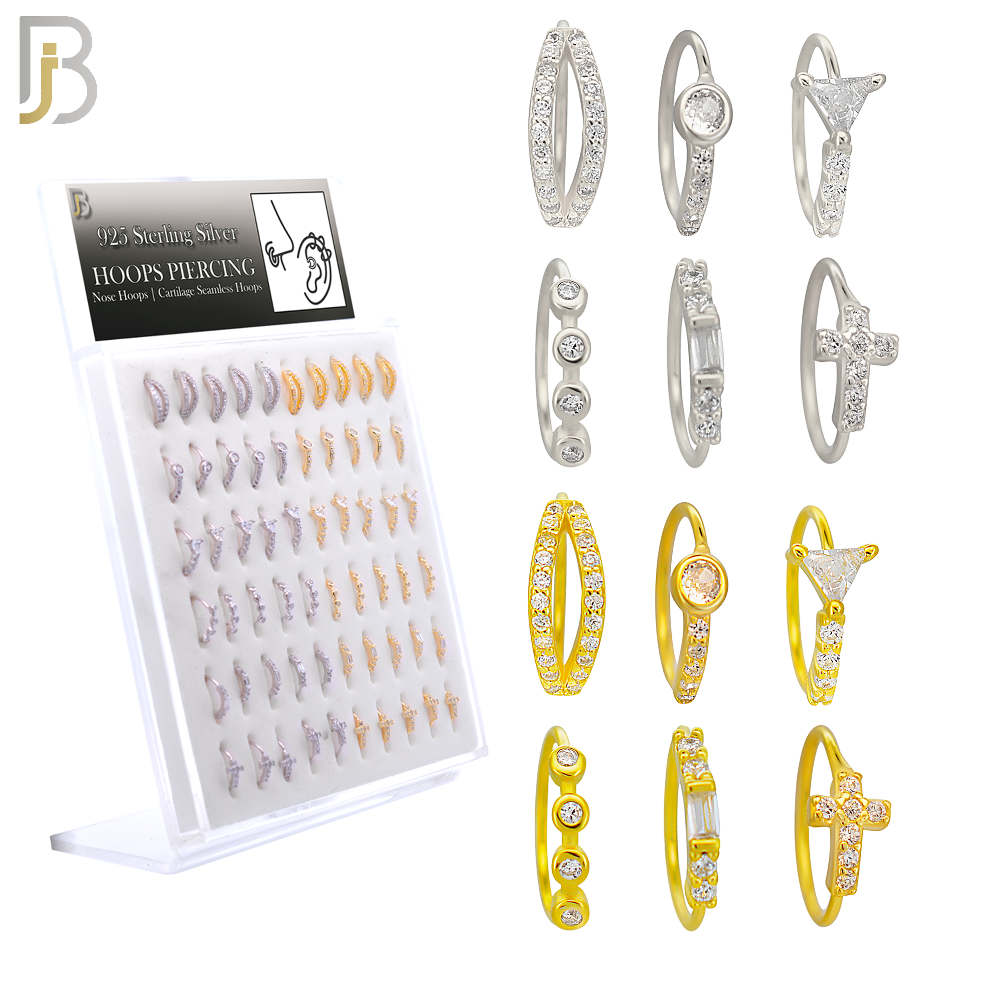 PK-CT9MX1-SG60 - Silver and Gold Plated - 925 Sterling Silver Six Different Designs Nose Hoop - Pack of 60 image