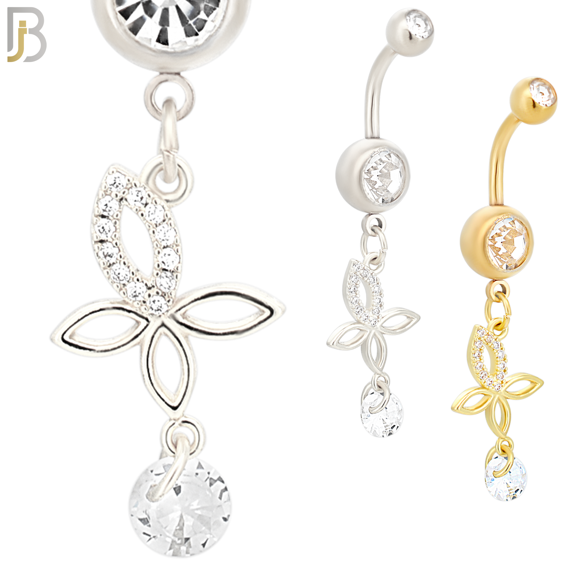 N098  - 316L Stainless Steel Round Zircon In Bezel Setting with Dangling Butterfly with Round Zircon Belly Ring image 0