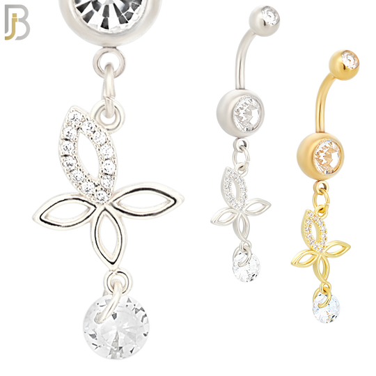 N098  - 316L Stainless Steel Round Zircon In Bezel Setting with Dangling Butterfly with Round Zircon Belly Ring image 0