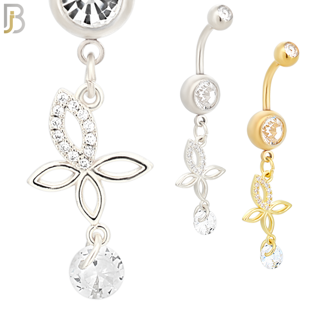 N098  - 316L Stainless Steel Round Zircon In Bezel Setting with Dangling Butterfly with Round Zircon Belly Ring image 0