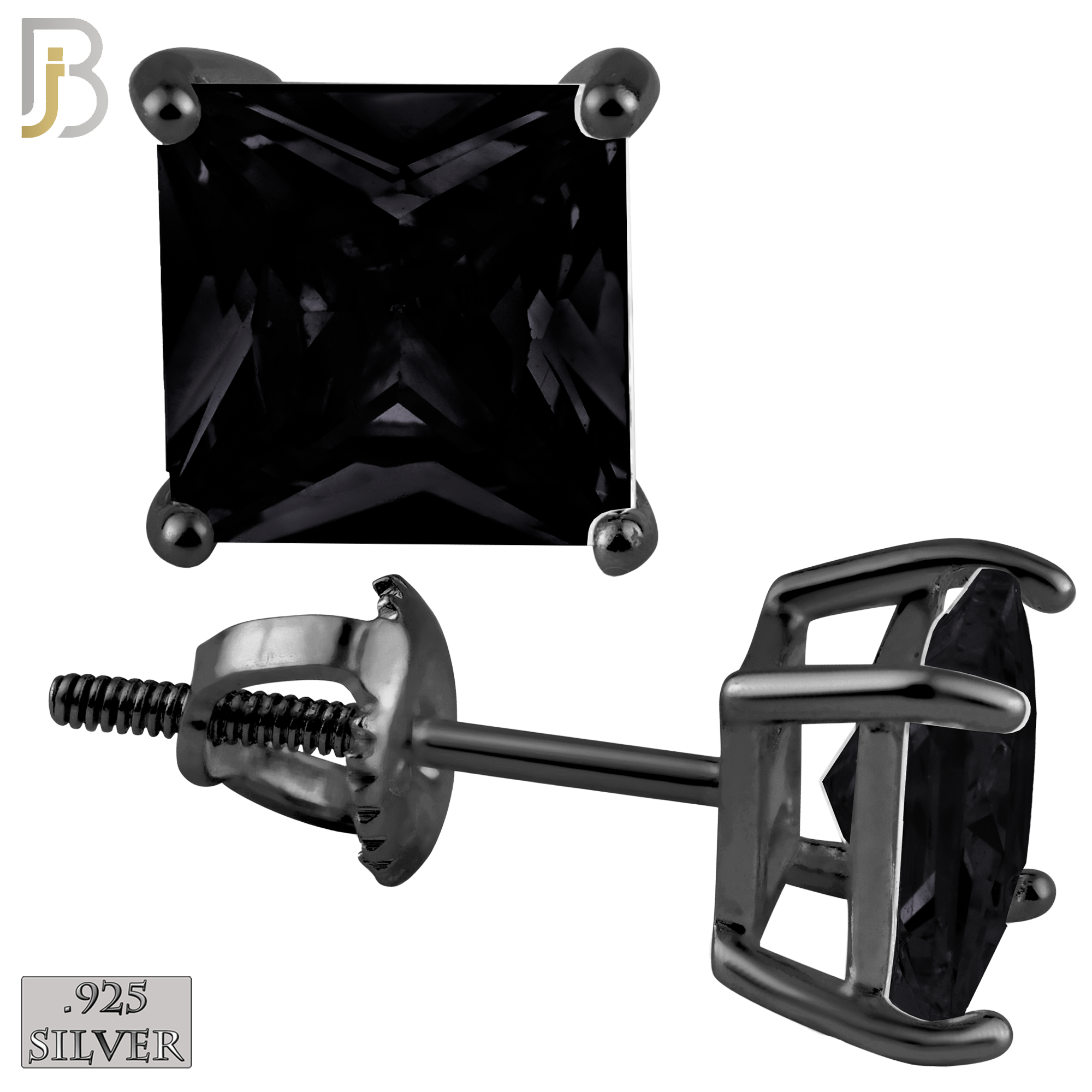 925-ES80-KK - .925 Sterling Silver Black Plated Butterfly Screw Back Stud Earring with Black Square CZ image 0