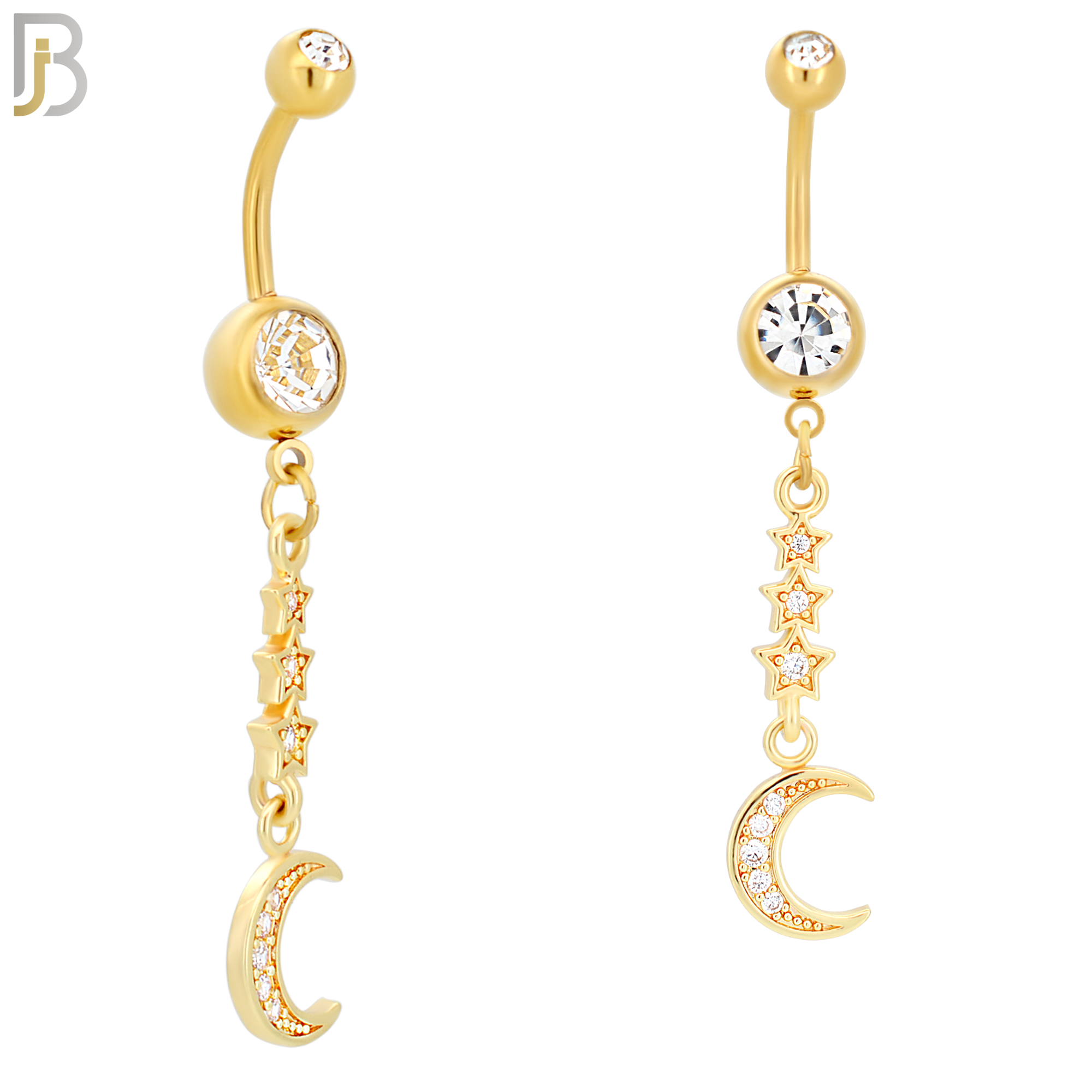 N021 - 316L Stainless Steel Dangling Triple Star with Crescent Moon with Zircon  Design Belly Ring with 5mm Screw Ball image 2