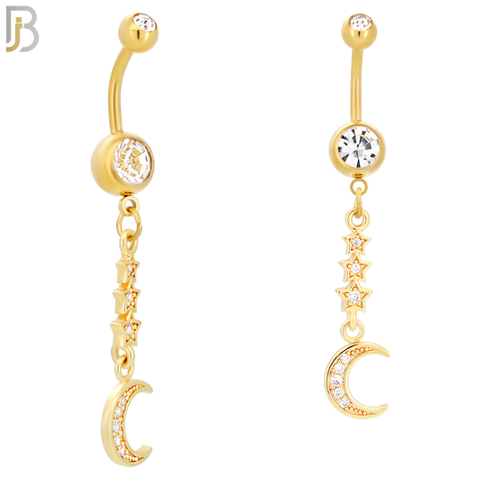 N021 - 316L Stainless Steel Dangling Triple Star with Crescent Moon with Zircon  Design Belly Ring with 5mm Screw Ball image 2