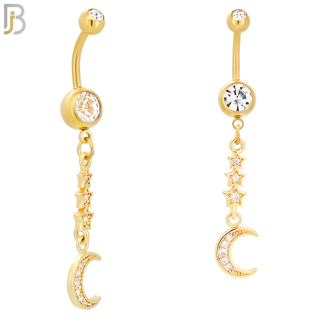 N021 - 316L Stainless Steel Dangling Triple Star with Crescent Moon with Zircon  Design Belly Ring with 5mm Screw Ball image 2