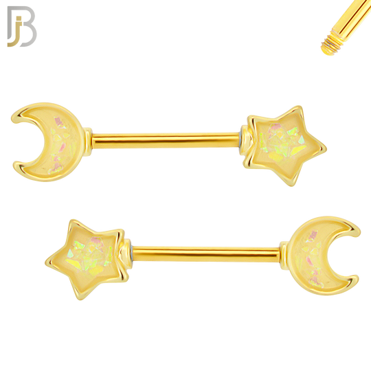 NP55 - 316L Surgical Steel Star and Moon Design Opalite Nipple Rings Pair image 2