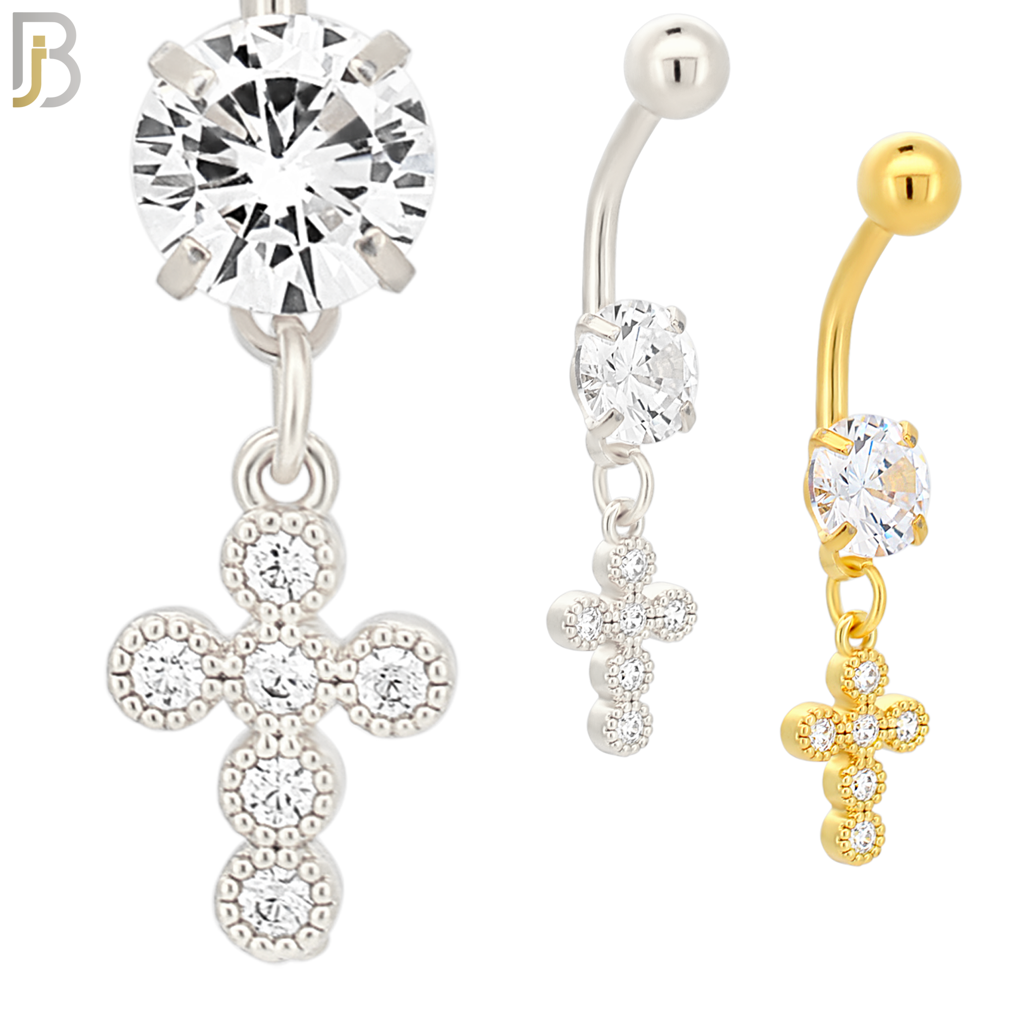 N047 - 316L Stainless Steel Dangling Cross Bezel with Zircon Design Belly Ring with 5mm Screw Ball image 0