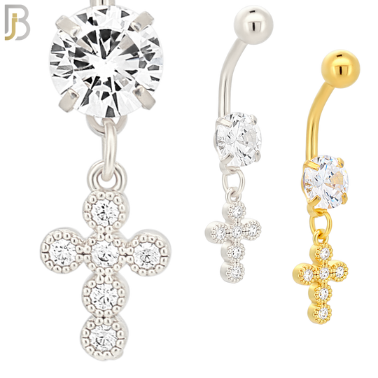 N047 - 316L Stainless Steel Dangling Cross Bezel with Zircon Design Belly Ring with 5mm Screw Ball image 0