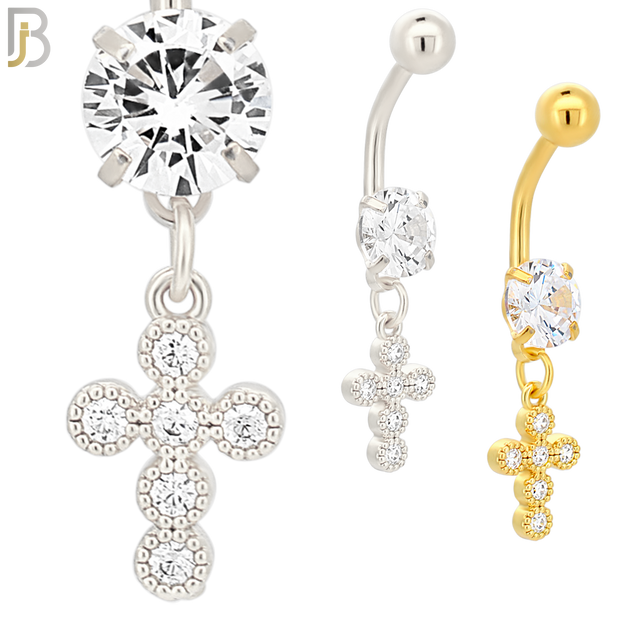 N047 - 316L Stainless Steel Dangling Cross Bezel with Zircon Design Belly Ring with 5mm Screw Ball image 0