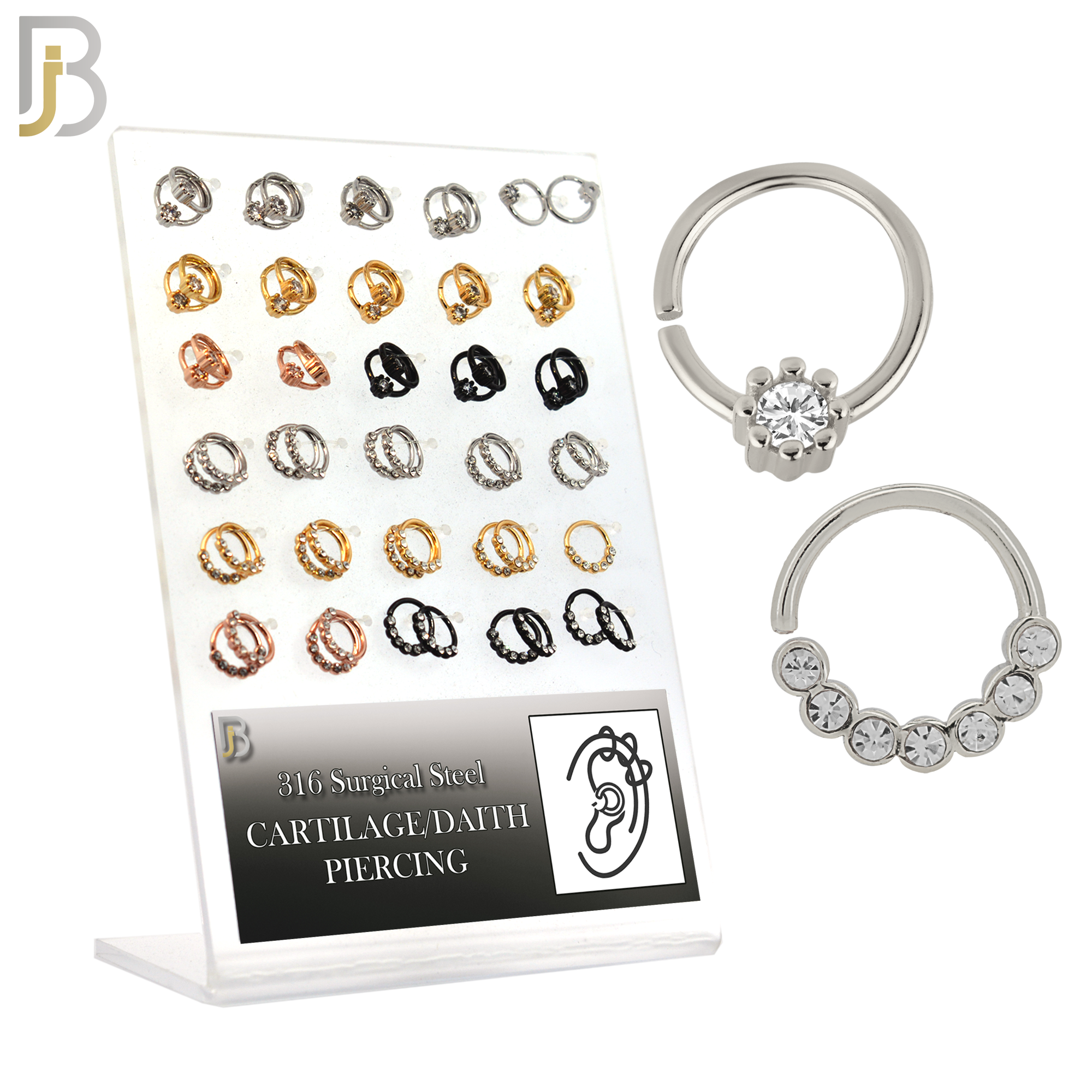 PK-TH03- 316L Surgical Steel Two Different Designs Tragus - Helix Hoop Piercing with CZ - Pack of 60 Pairs image 0