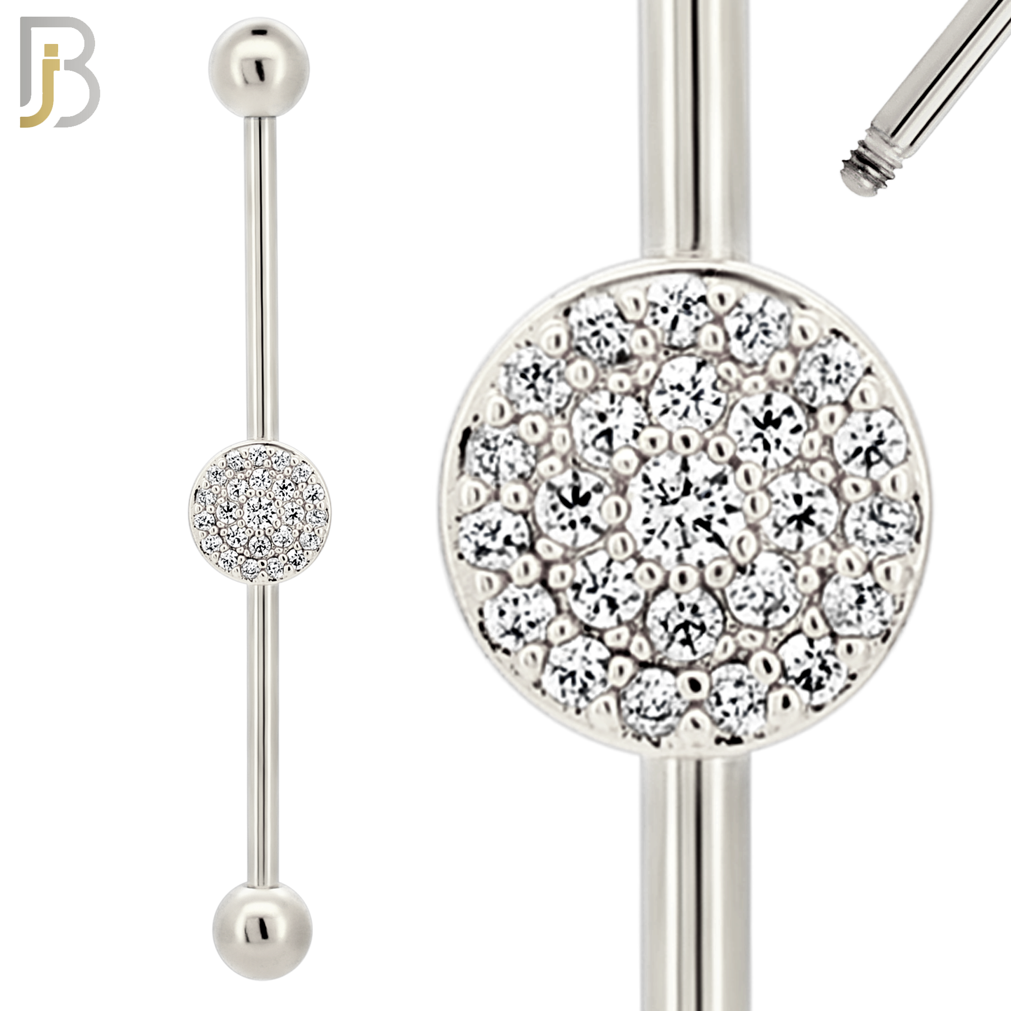 BB29 - 316L Surgical Steel Screw Bar with Brass Round with Multi CZ Design Barbell Industrial (PACK OF 4) image 1