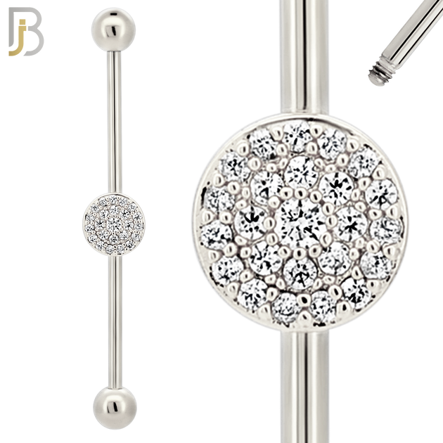 BB29 - 316L Surgical Steel Screw Bar with Brass Round with Multi CZ Design Barbell Industrial (PACK OF 4) image 1
