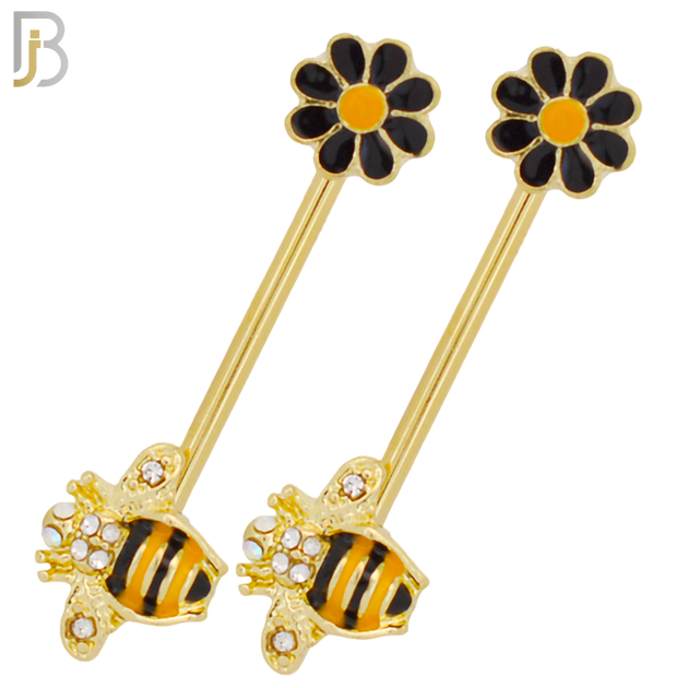 NP32 - 316L Surgical Steel Screw Bee with Flower Design with Zircon Nipple Ring Piercing Pair image 0