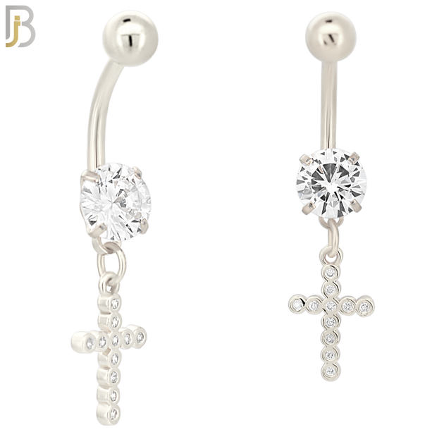 N039 - 316L Stainless Steel Dangling Bezel Cross with Zircon Design Belly Ring with 5mm Screw Ball image 1