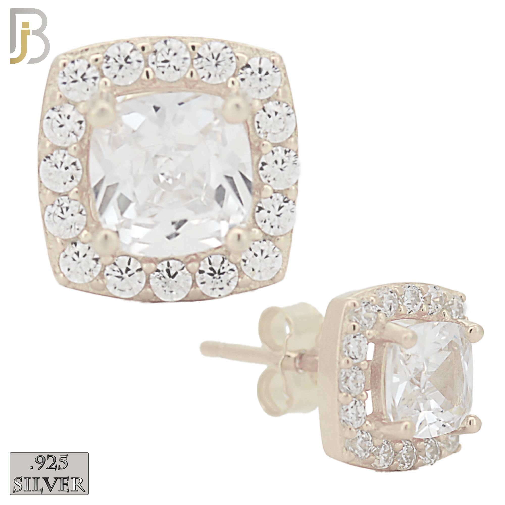925-ES271- .925 Sterling Silver Rounded Edge Square with Multi Zircon Design Earrings Stud image 1