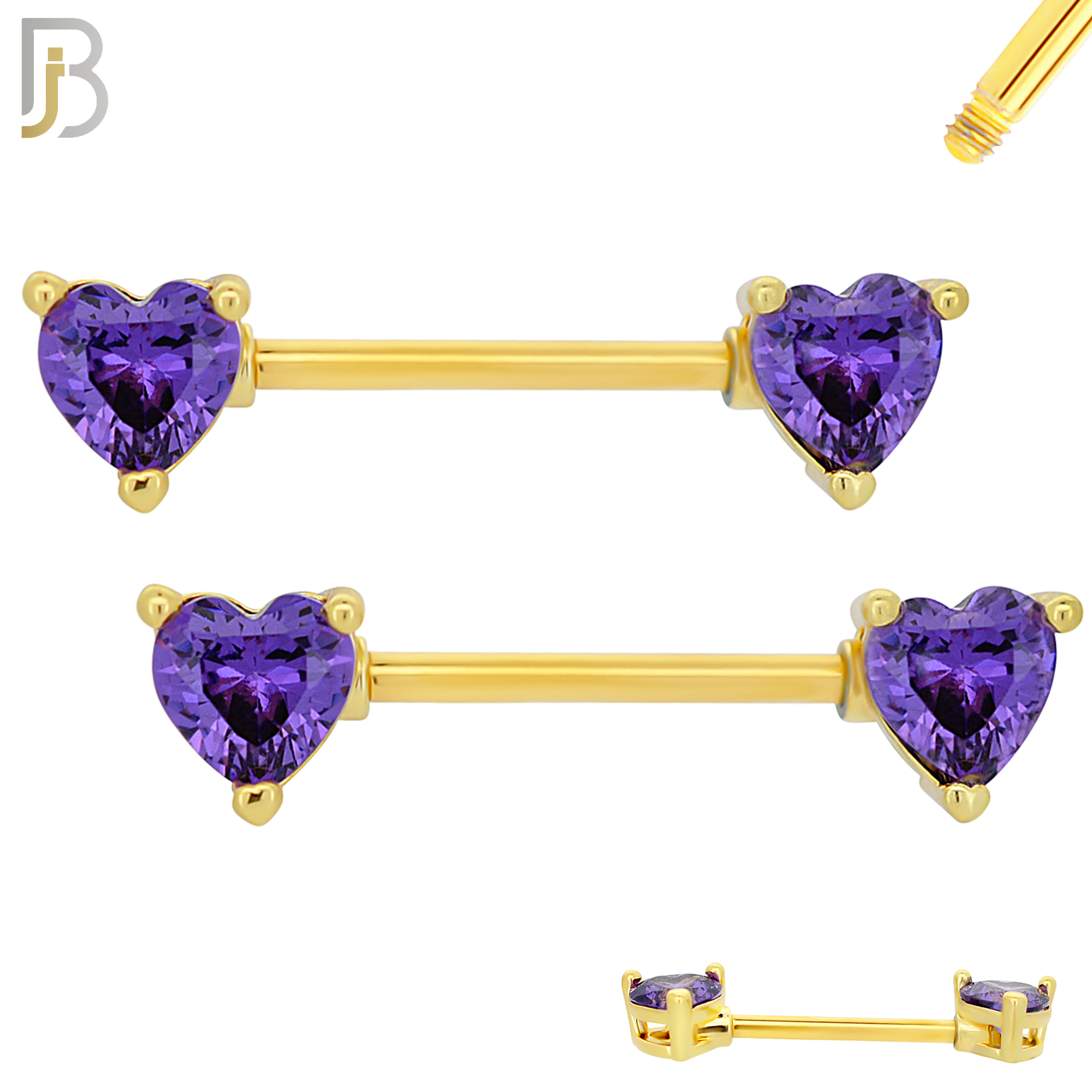 NP03G - 316L Surgical Steel Gold Plated Screw Prong Heart Zircon Nipple Ring Piercing image 3
