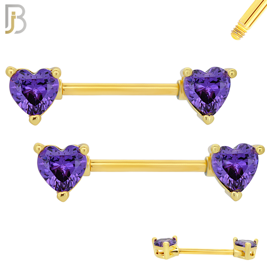 NP03G - 316L Surgical Steel Gold Plated Screw Prong Heart Zircon Nipple Ring Piercing image 3