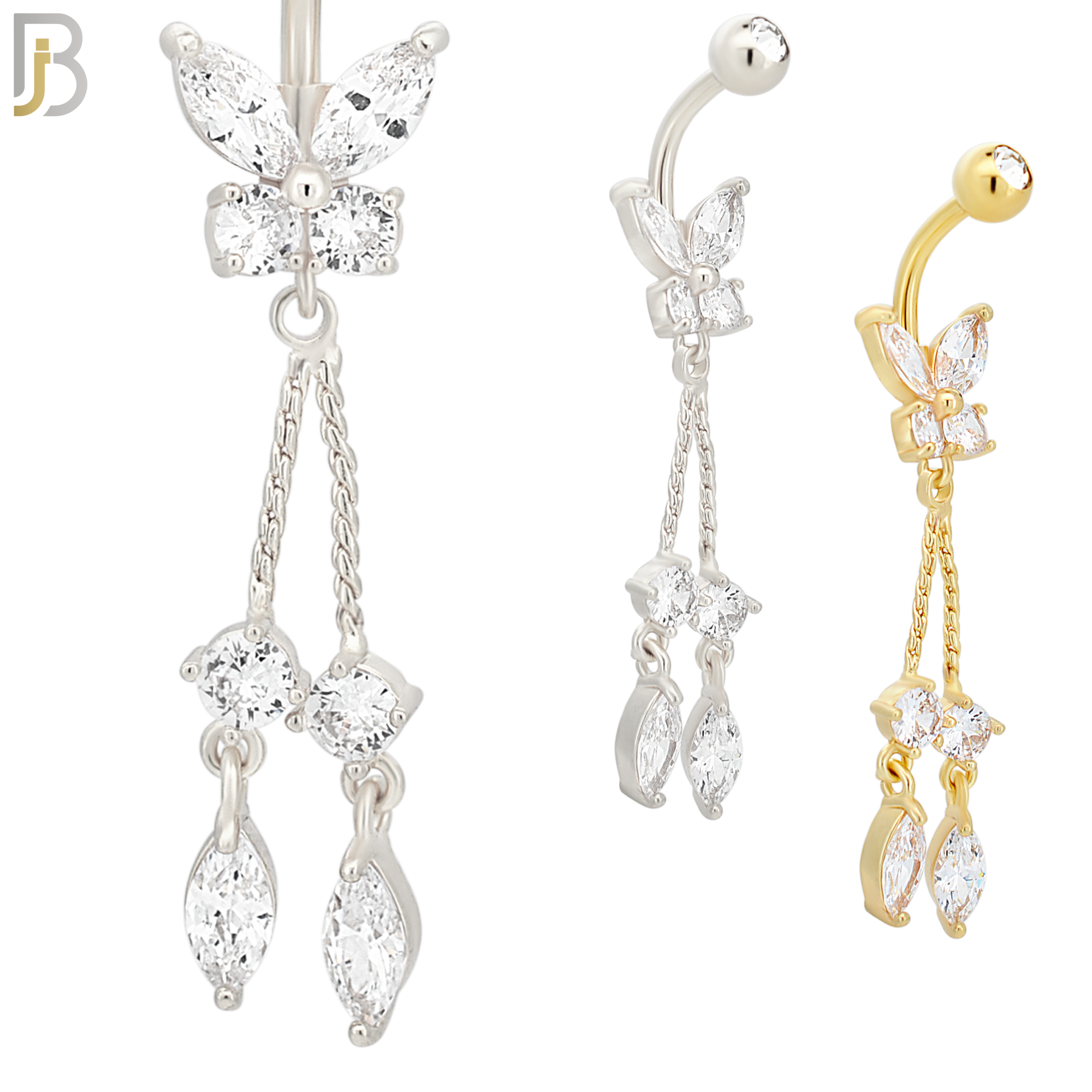 N093  - 316L Stainless Steel Butterfly with Dangling Round and Marquise Zircon image 0