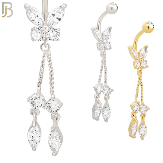 N093  - 316L Stainless Steel Butterfly with Dangling Round and Marquise Zircon image 0
