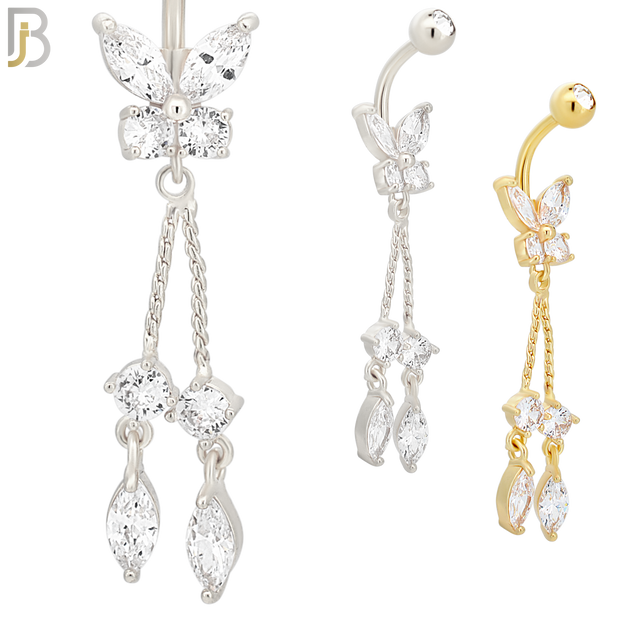 N093  - 316L Stainless Steel Butterfly with Dangling Round and Marquise Zircon image 0