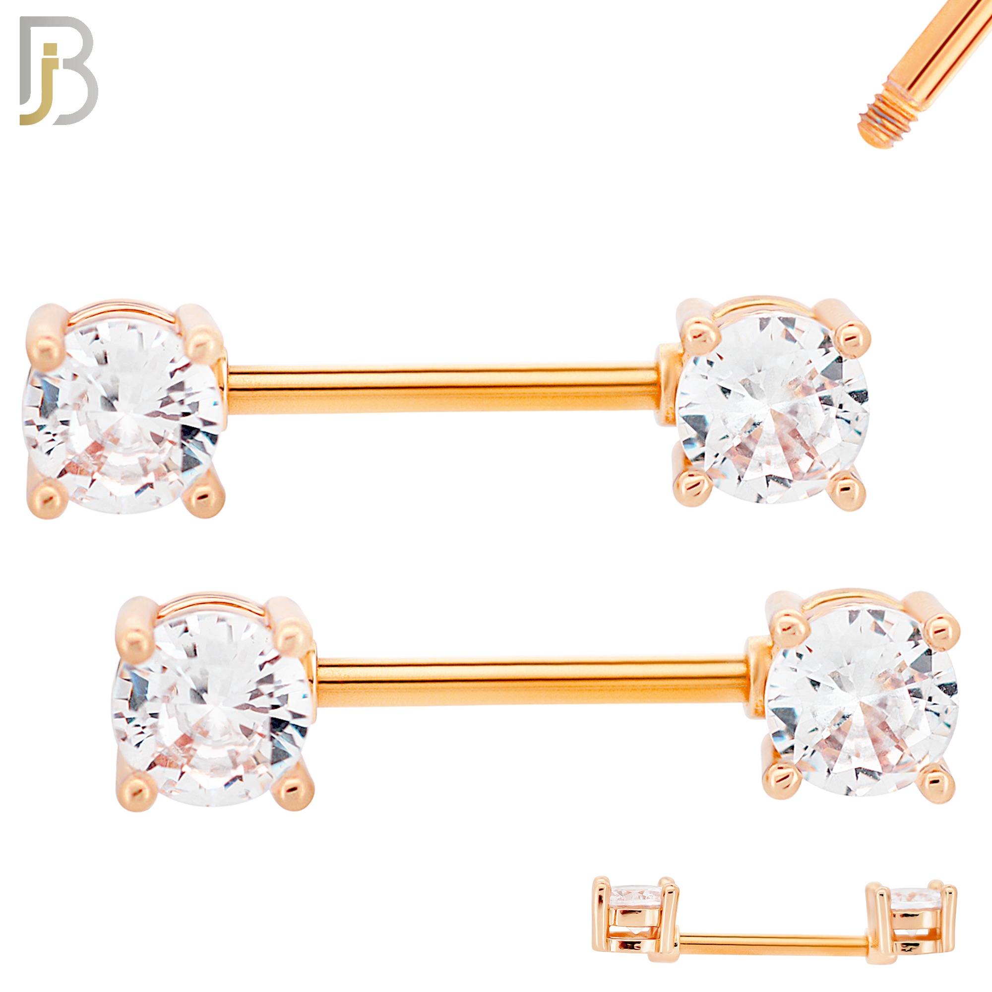 NP02R - 316L Surgical Steel Rose Gold Plated Screw Prong Round Zircon Nipple Ring Piercing image 1