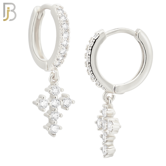 ES115 - 316L Stainless Steel Dangling Cross with Zircon Huggies Clip On image 1