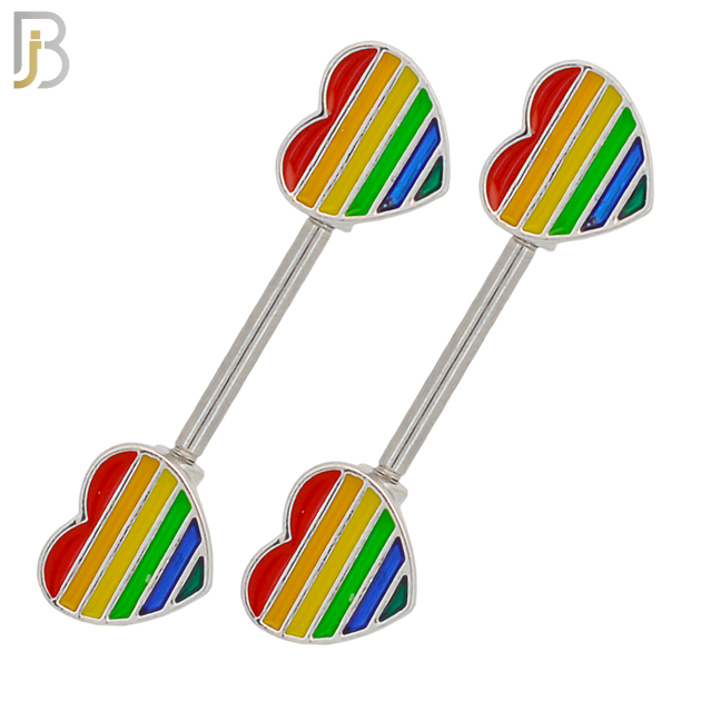 NP43 - 316L Surgical Steel Rainbow Colored Heart Design Externally Threaded Nipple Ring Piercing Pair image 0