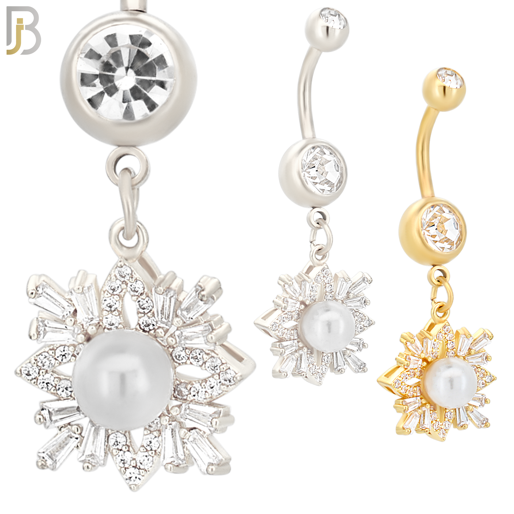 N022  - 316L Stainless Steel Dangling Snowflakes with Pearl Design Belly Ring with 5mm Screw Ball image 0