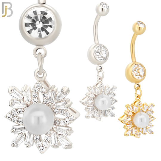 N022  - 316L Stainless Steel Dangling Snowflakes with Pearl Design Belly Ring with 5mm Screw Ball image 0