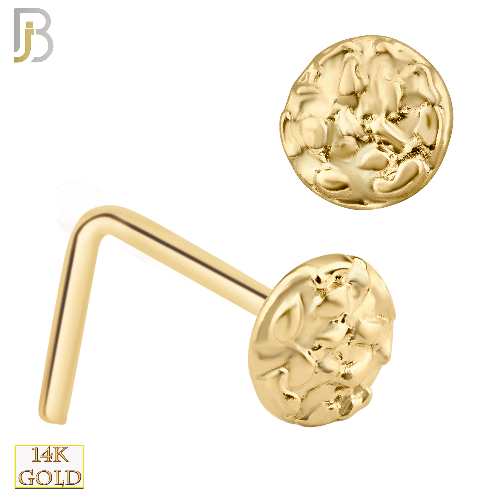 14-NR35L - 14k Solid Gold L-Shaped Nose Ring Rough Finish Disc Design image 0