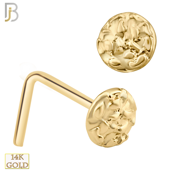 14-NR35L - 14k Solid Gold L-Shaped Nose Ring Rough Finish Disc Design image 0