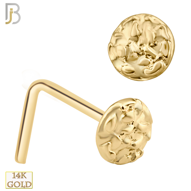 14-NR35L - 14k Solid Gold L-Shaped Nose Ring Rough Finish Disc Design image 0