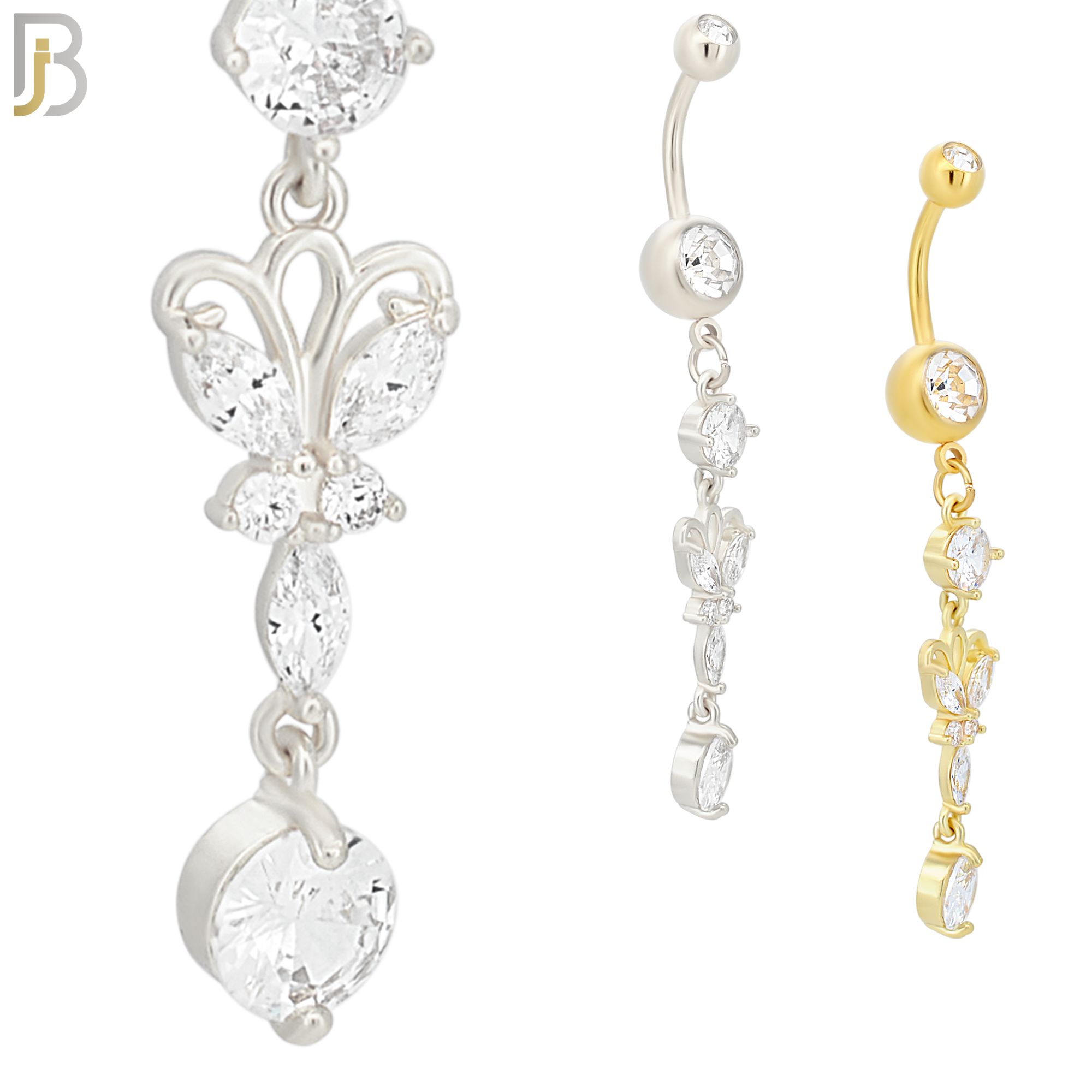 N068 - 316L Stainless Steel Dangling Butterfly with Round Prong Zircon Design Belly Ring with 5mm Screw Ball image 0