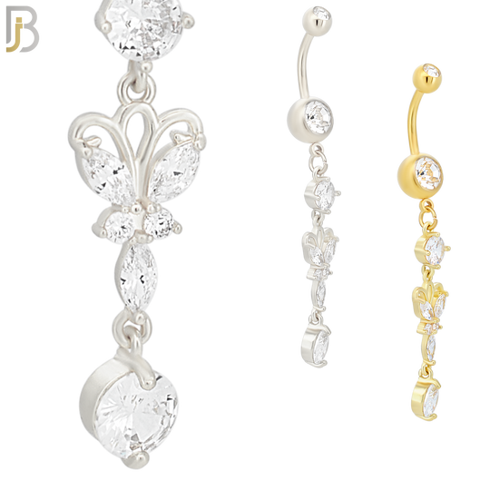 N068 - 316L Stainless Steel Dangling Butterfly with Round Prong Zircon Design Belly Ring with 5mm Screw Ball image 0