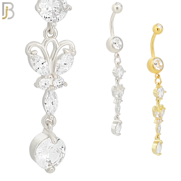 N068 - 316L Stainless Steel Dangling Butterfly with Round Prong Zircon Design Belly Ring with 5mm Screw Ball image 0