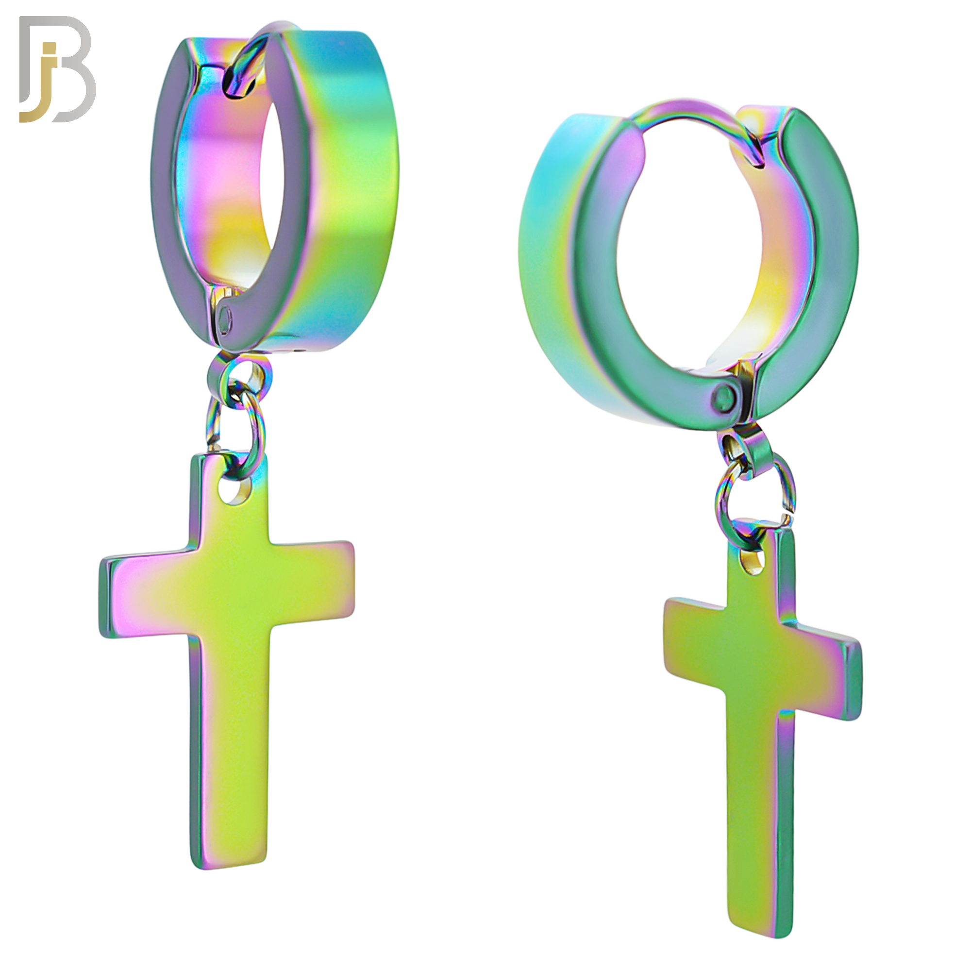ES14 - 316L Stainless Steel Dangling Cross Design Huggies Clip On - Rainbow Color image