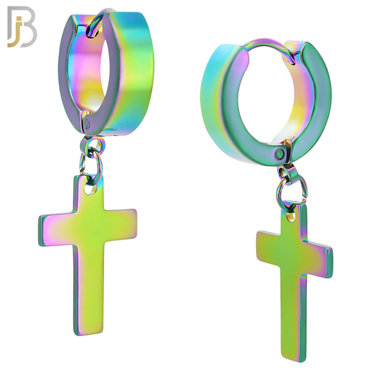 ES14 - 316L Stainless Steel Dangling Cross Design Huggies Clip On - Rainbow Color image