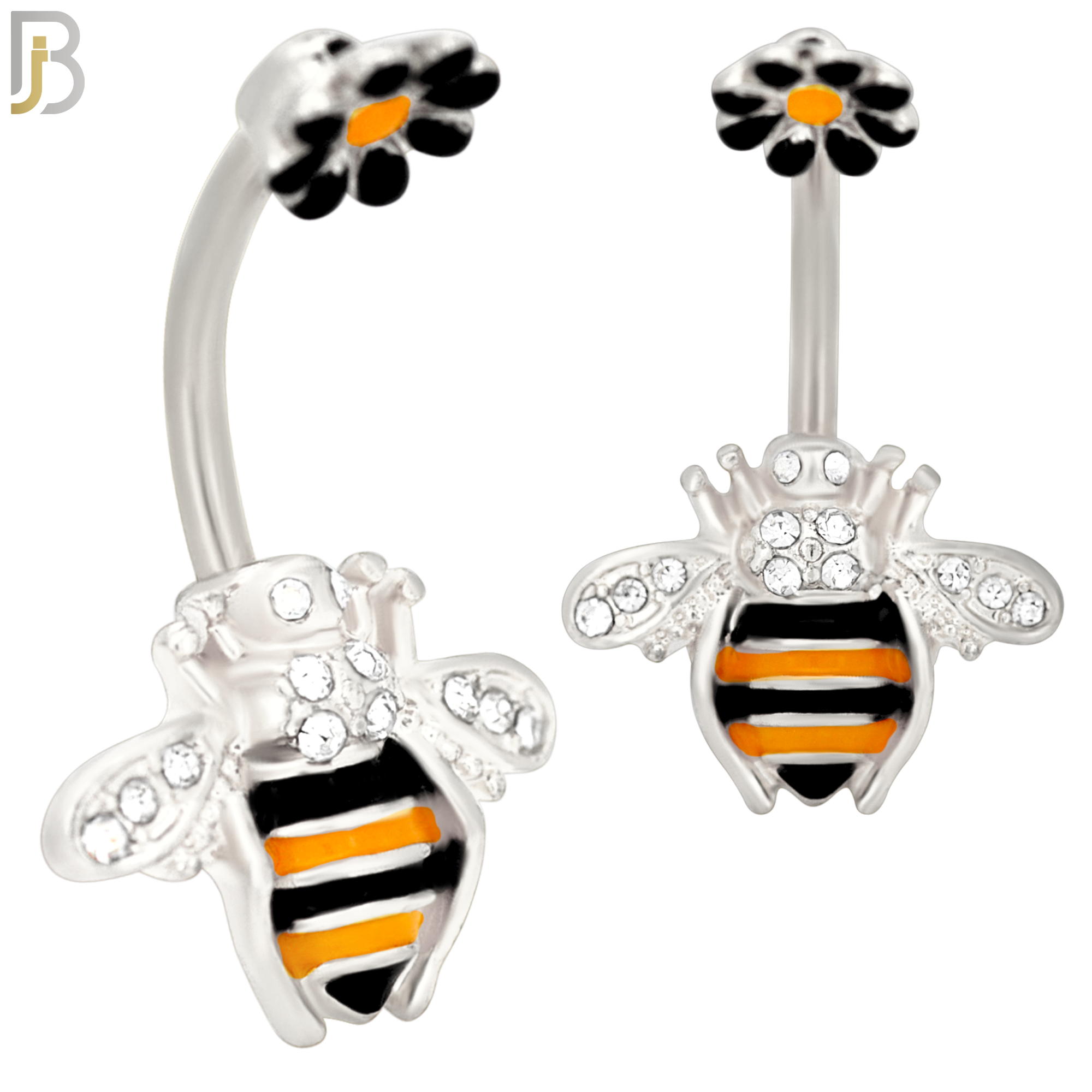 NB26 - 316L Stainless Steel Bee with Flower Top  Banana Belly Navel Ring - Steel image