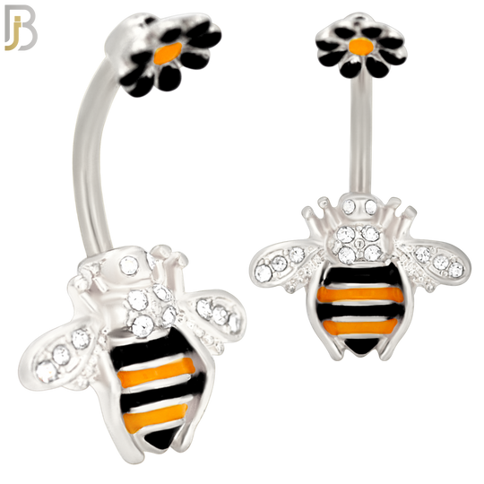 NB26 - 316L Stainless Steel Bee with Flower Top  Banana Belly Navel Ring - Steel image