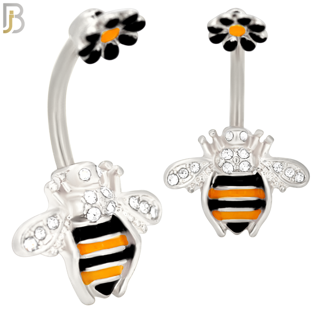 NB26 - 316L Stainless Steel Bee with Flower Top  Banana Belly Navel Ring - Steel image