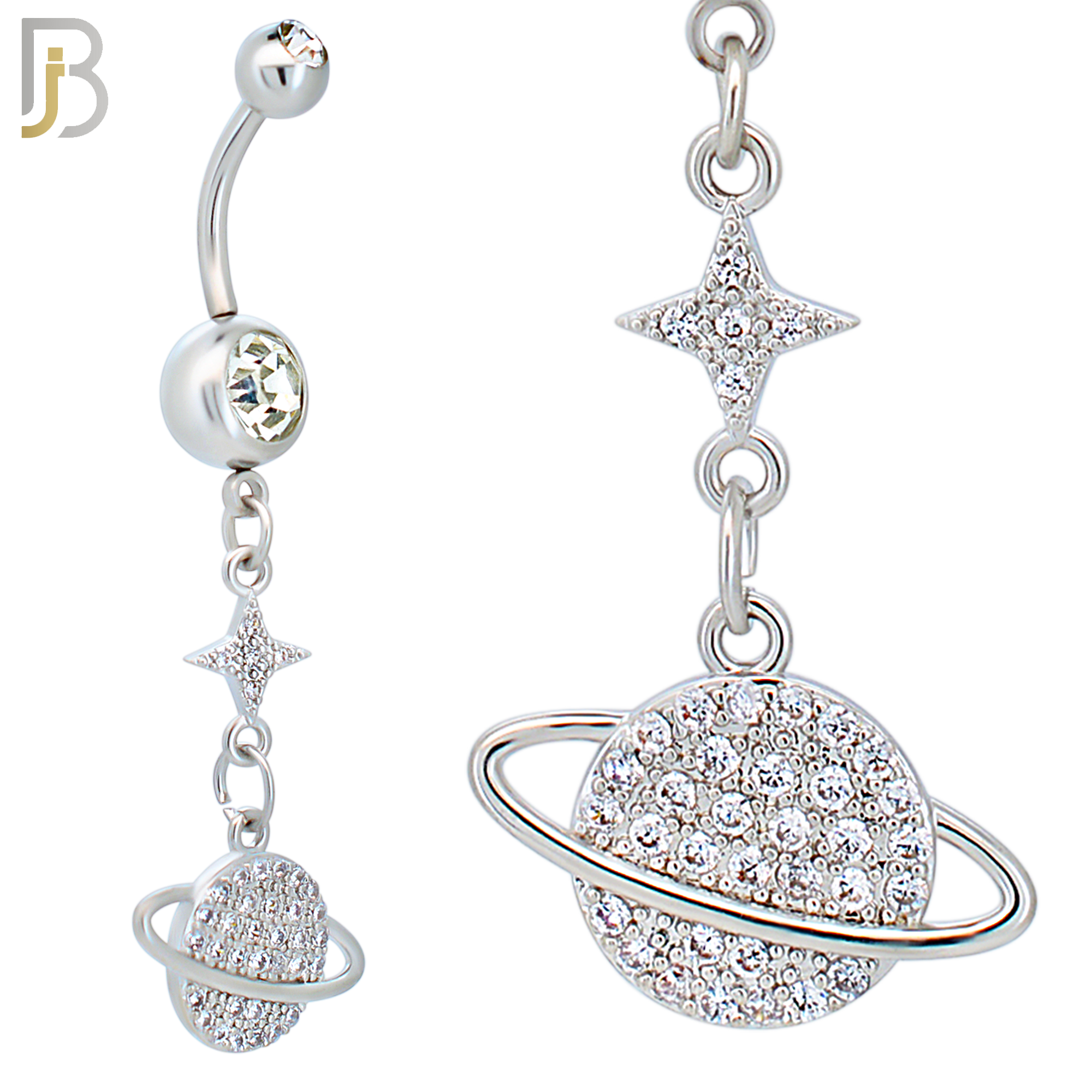 N0121 - 316L Stainless Steel Dangling Planet Saturn with Multi Zircon Belly Ring - Steel image