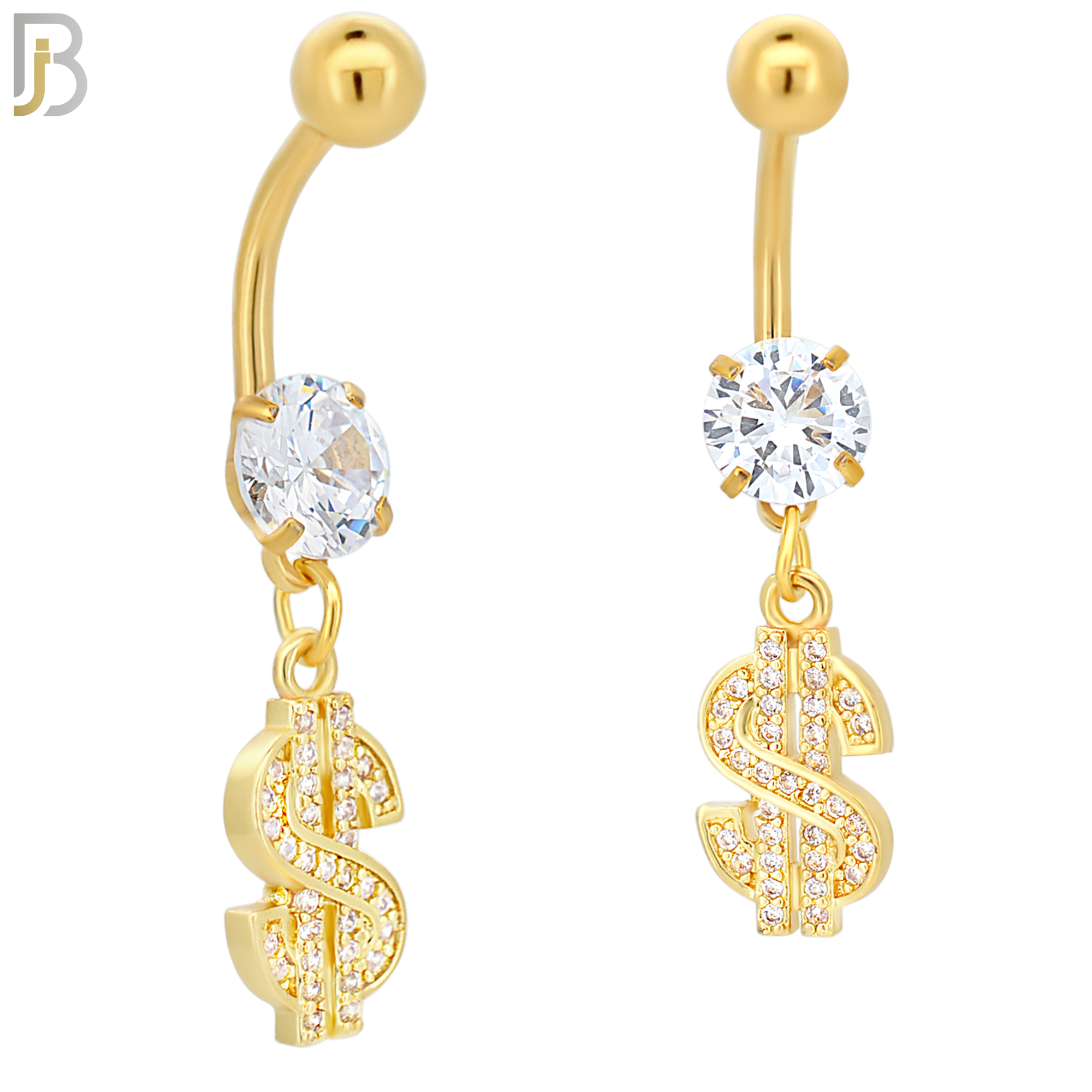 N046 - 316L Stainless Steel Dangling Dollar Sign with Zircon Design Belly Ring with 5mm Screw Ball image 1