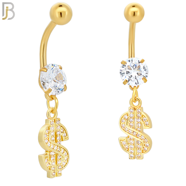 N046 - 316L Stainless Steel Dangling Dollar Sign with Zircon Design Belly Ring with 5mm Screw Ball image 1