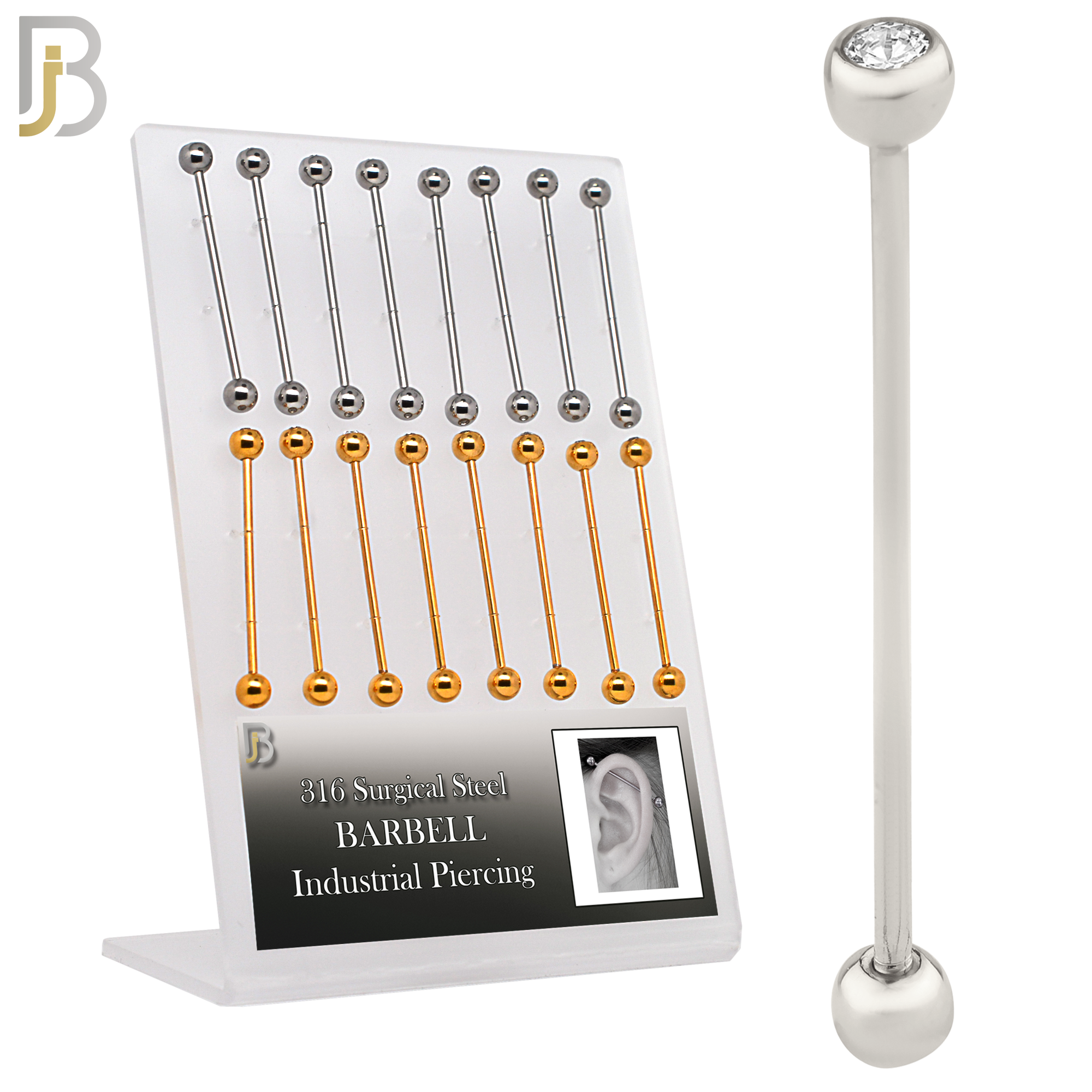 PK-BB05SG - 316L Surgical Steel Industrial Barbell with One Ball with Zircon External Threaded Pack of 16 image 0