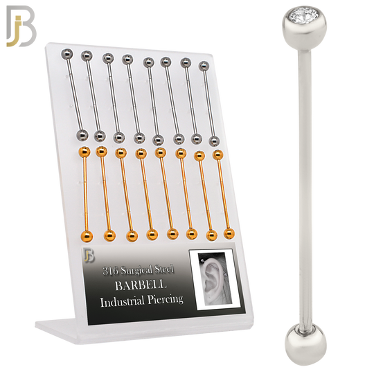 PK-BB05SG - 316L Surgical Steel Industrial Barbell with One Ball with Zircon External Threaded Pack of 16 image 0