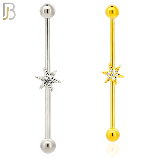 BB31 - 316L Surgical Steel Screw Bar with Brass Star with  CZ Design Barbell Industrial (PACK OF 4) image 0